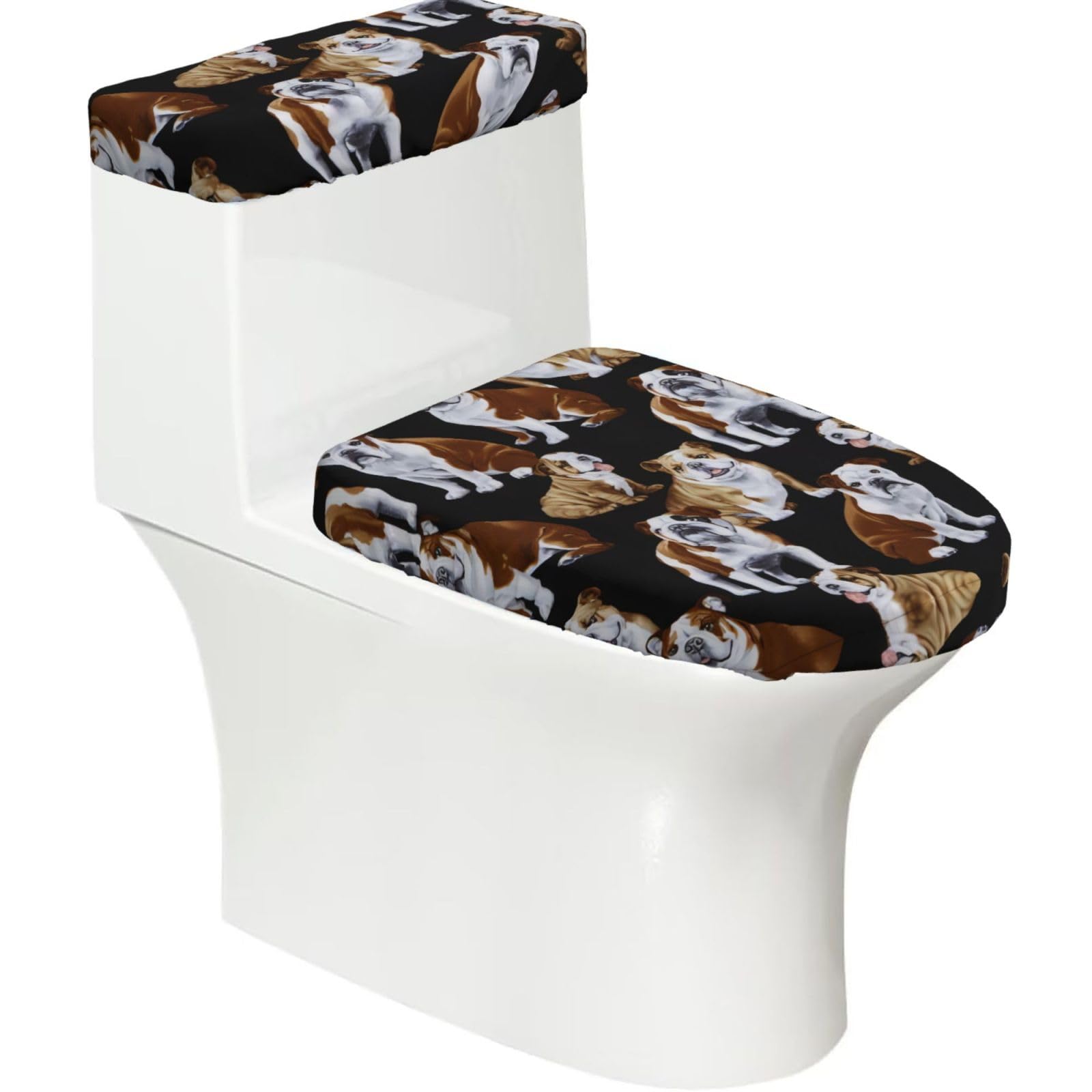 English Bulldogs 2-Piece Toilet Seat Cover Set with Tank Lid, Elastic Fit for U-Shape & Elongated Toilets, Bathroom Decor, Housewarming Gift