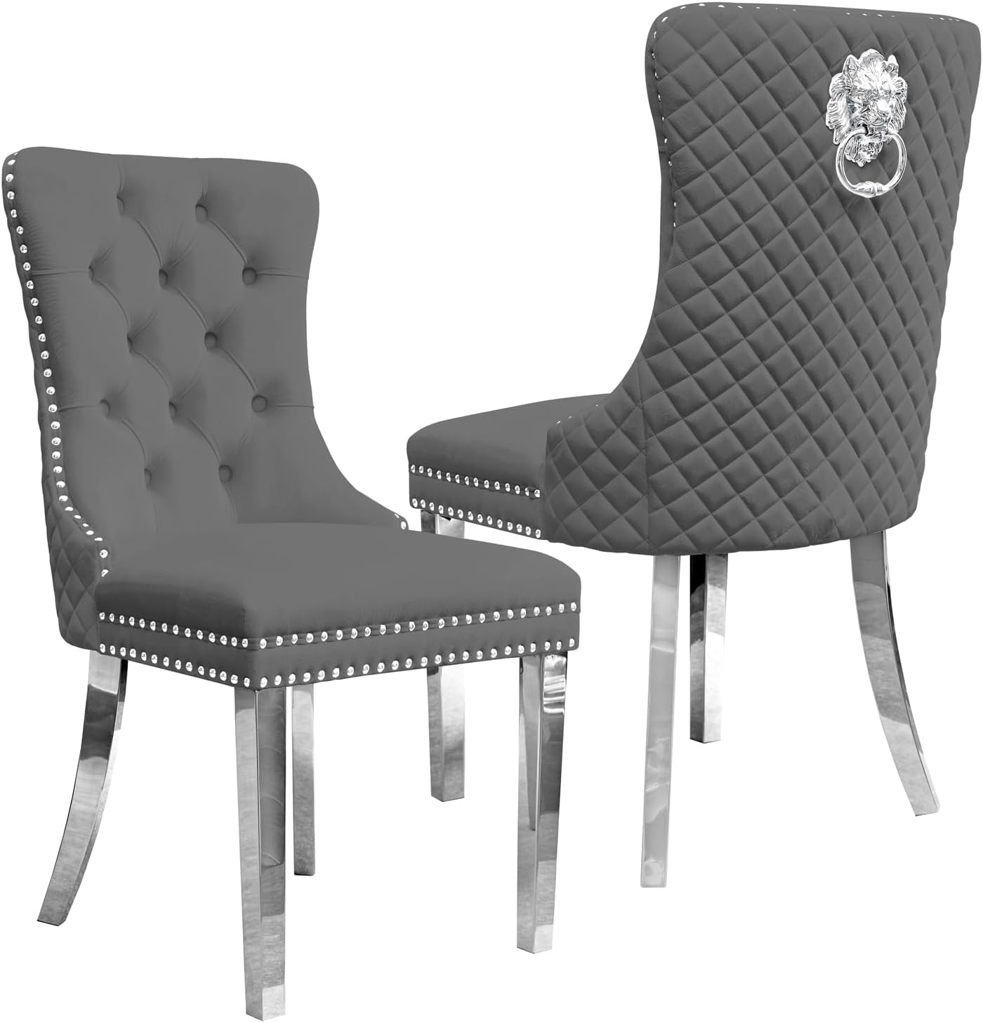 M-V-O Luxury Velvet Door Knocker Dining Chairs – Soft Padded Velvet Upholstery with Chrome Knocker & Studded Trim – Elegant Dining Room Chairs (Grey, 2 Pack)