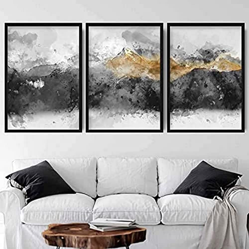 Impression d'art abstrait de montagne pour salon moderne | Triptyque jaune et gris 30x40 cm