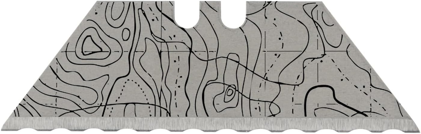 NDZ Performance Serrated Steel Blade Replacement for Utility Knife & Box Cutters, Custom Double Sided Laser Engraved Designs, Silver - Topographic Map, Five Pack