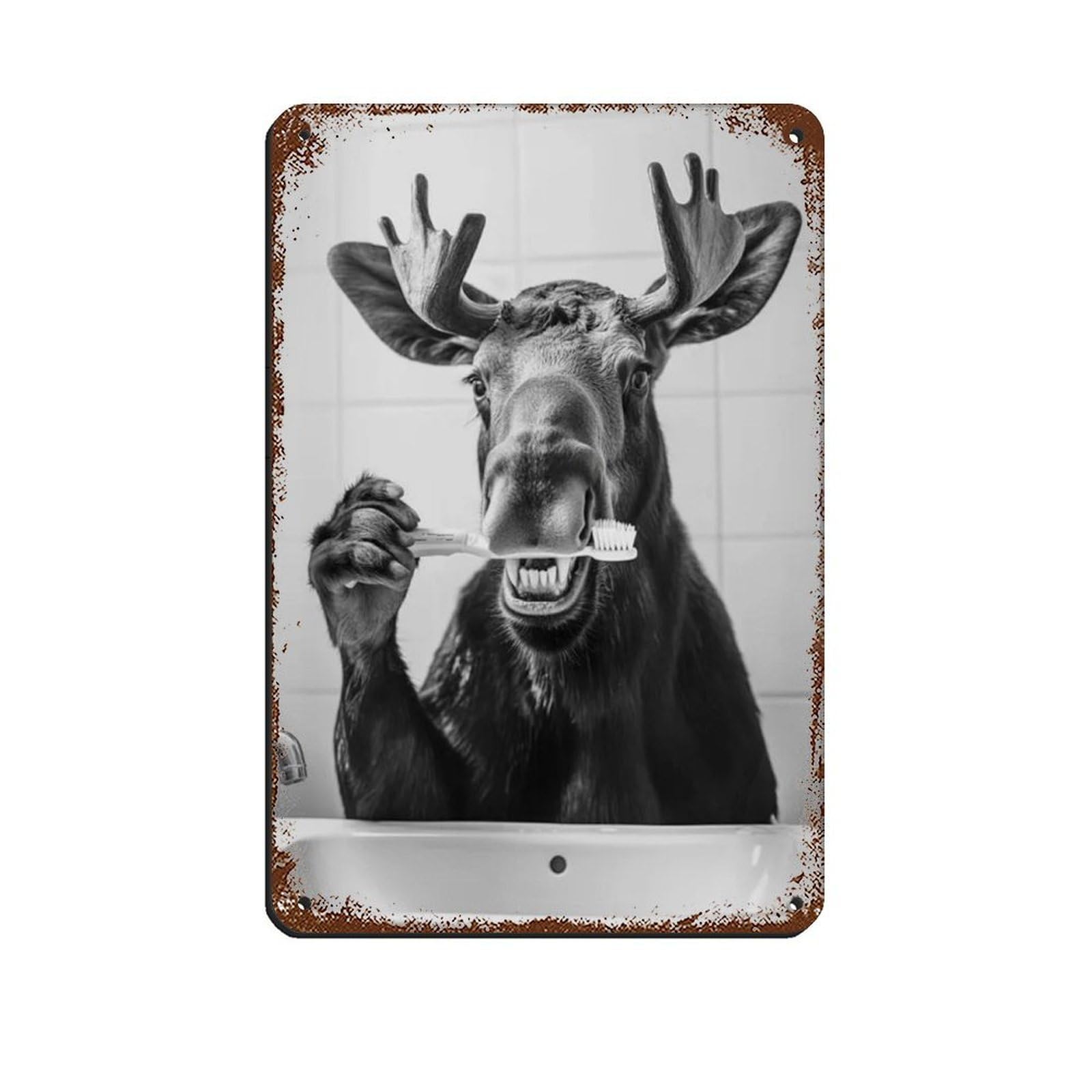 Lxwnze 20L X 30W Cm Moose Brushing Teeth, Funny Bathroom Art Tin Sign Vintage Metal Pub Club Cafe Bar Home Wall Art Decoration Poster Retro 8X12inch(20X30cm)
