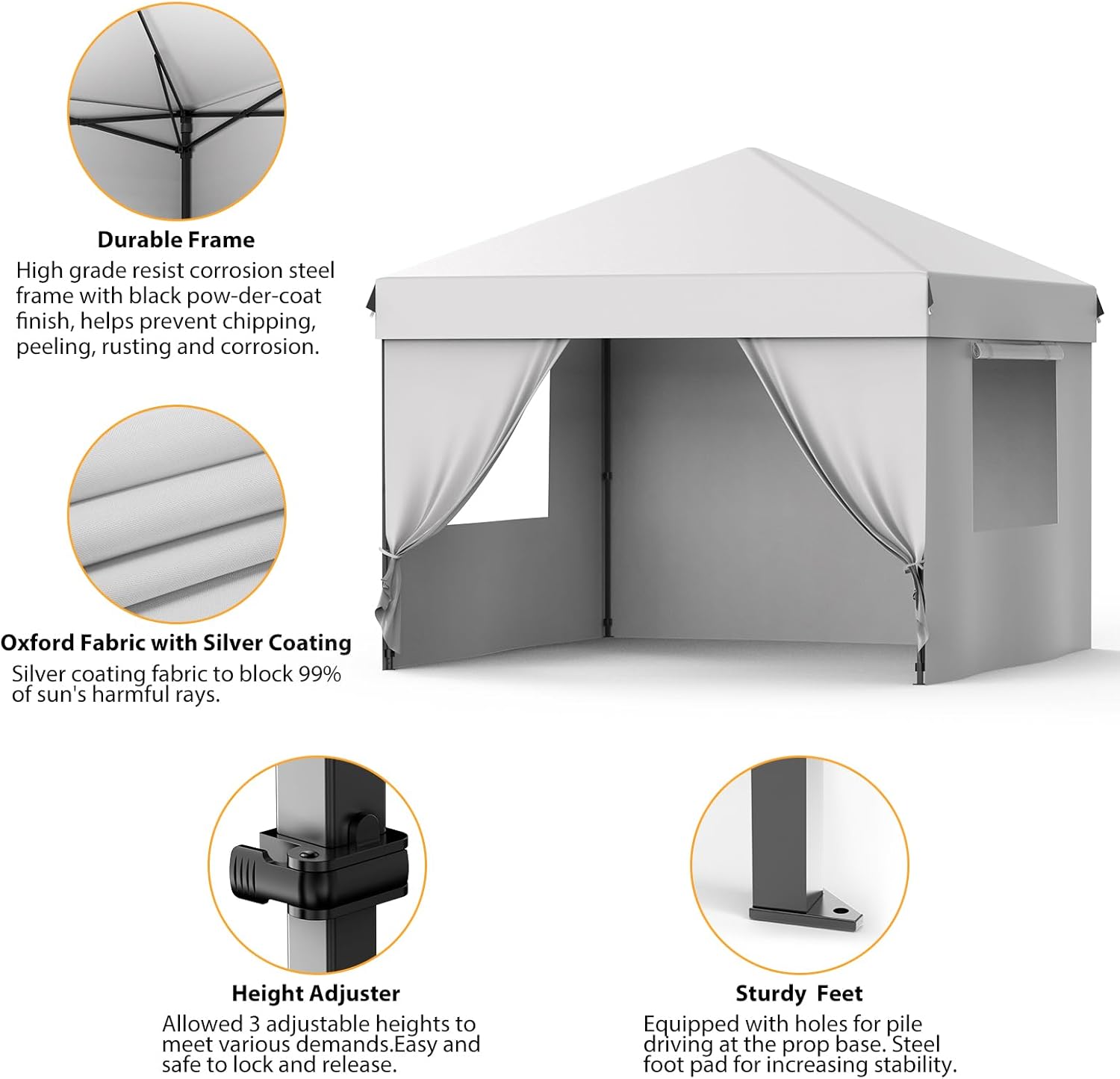 Grey 10x10 Pop Up Canopy with 4 Removable Sidewalls and Windows, 3 Adjustable Heights Commercial Shelter, Portable Enclosed Instant Tent with Wheeled Carry Bag, Waterproof Outdoor Gazebo