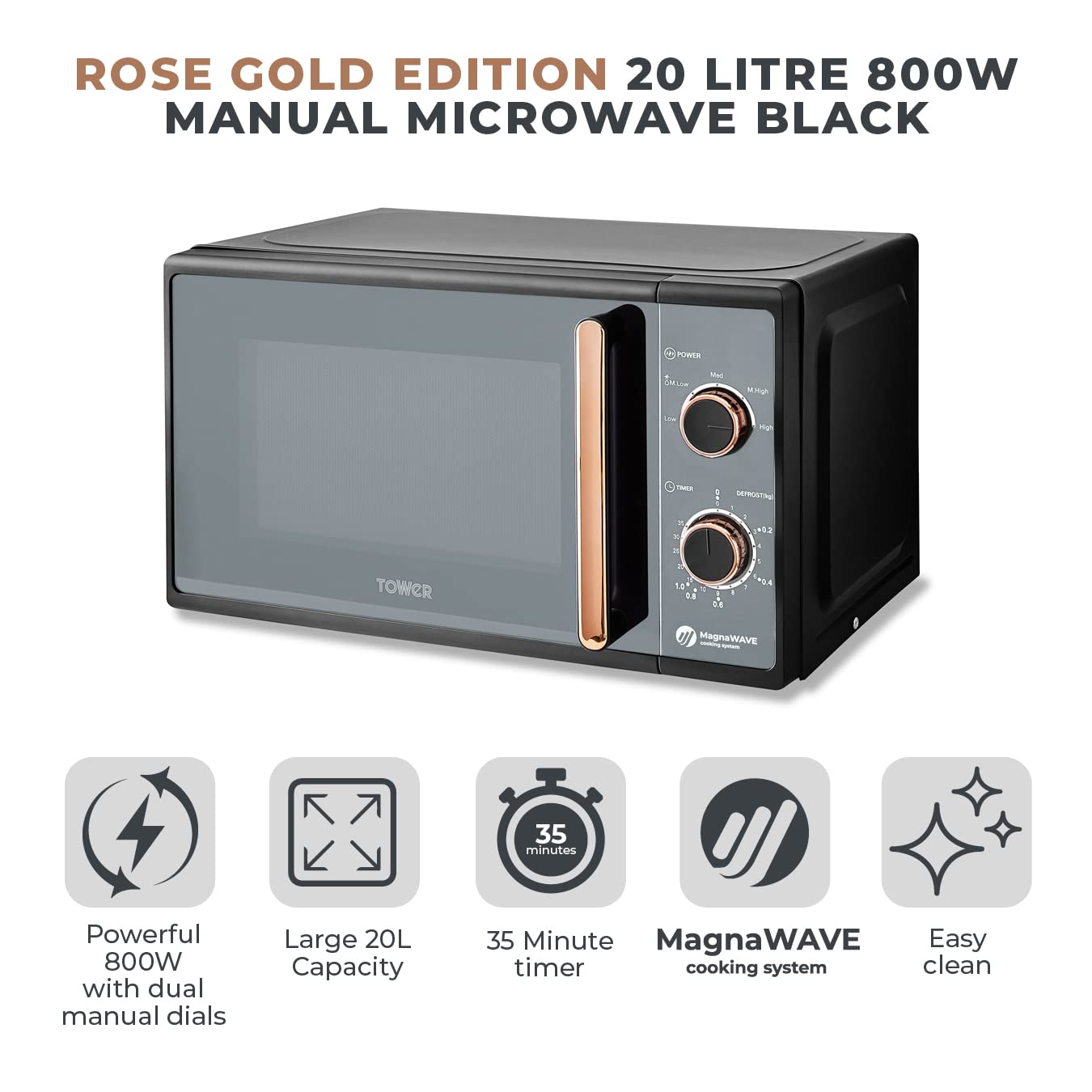Tower T24038RG Cavaletto Manual Microwave with 5 Power Levels & 35 Minute Timer, 800W, 20L, Black & Rose Gold - Image 3