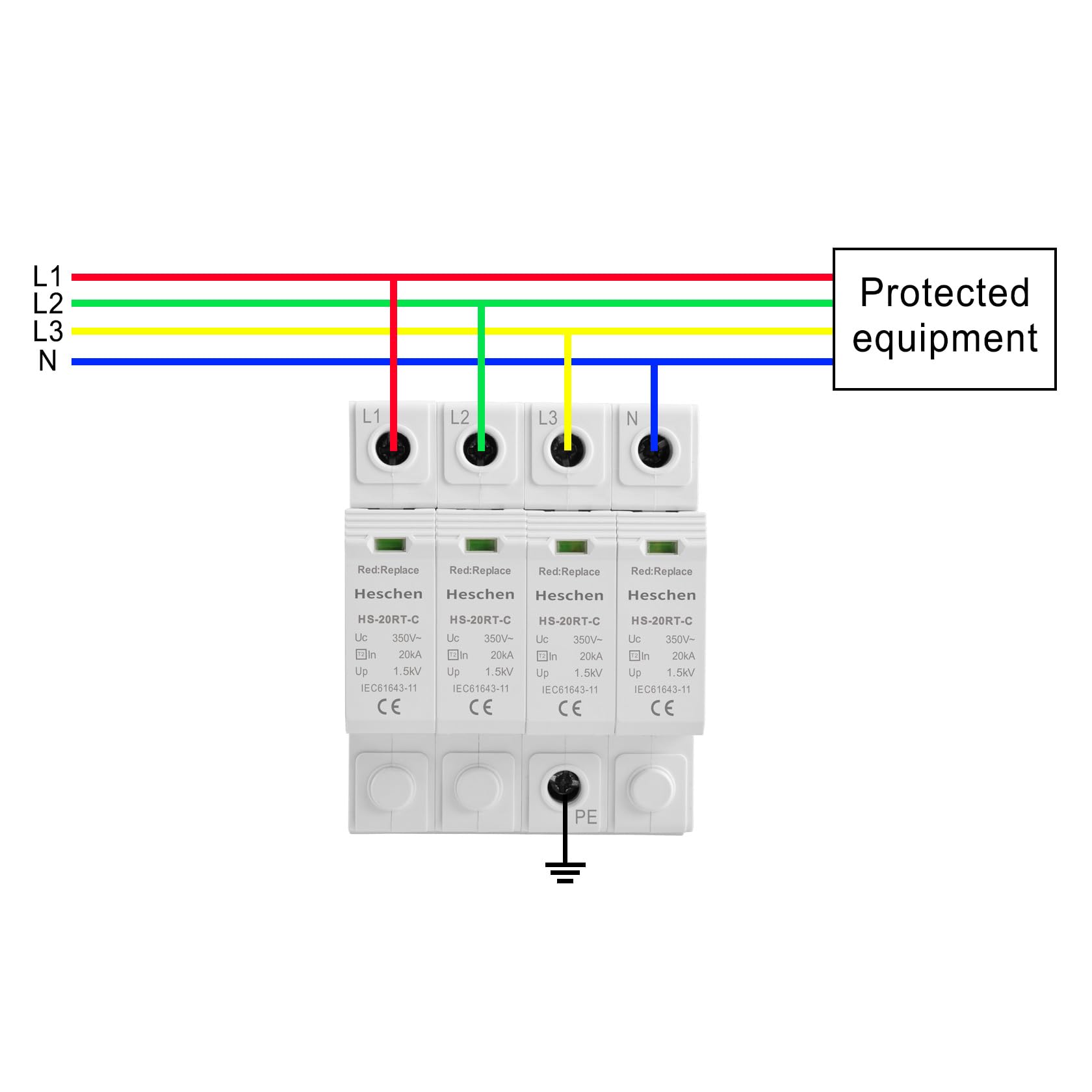 Heschen Surge Protective Device SPD, HS-20RT-C, 4P 350VAC 20KA, Built-in replaceable over current fuse, Low-Voltage Arrester - Image 4