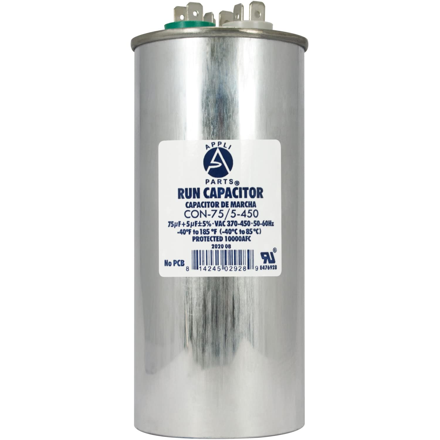 Appli Parts Dual Run Capacitor for ac 75+5 Mfd uF (microfarads) 370VAC or 450VAC CBB65 Round Universal fit for hvac and other applications 5-5/8 in High 2-1/4 in Wide CON-75/5-450