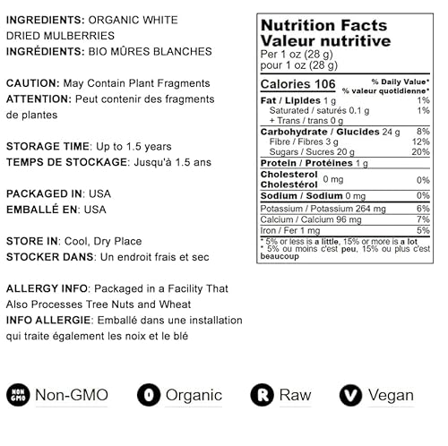 Organic Dried White Mulberries, 1 Pound - Non-Gmo, Unsulfured, Bulk #TOP3