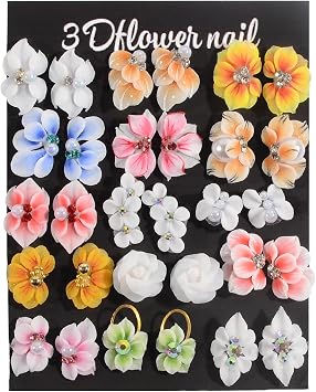 30Pcs 3D Flower Nail Decorations Pair Set - Multi-Color Floral Nail Art Charms with Pearl & Rhinestone Accents, 3D Floral Nail Accessories for Manicure, Pastel to Vivid Tones Multiple Colors