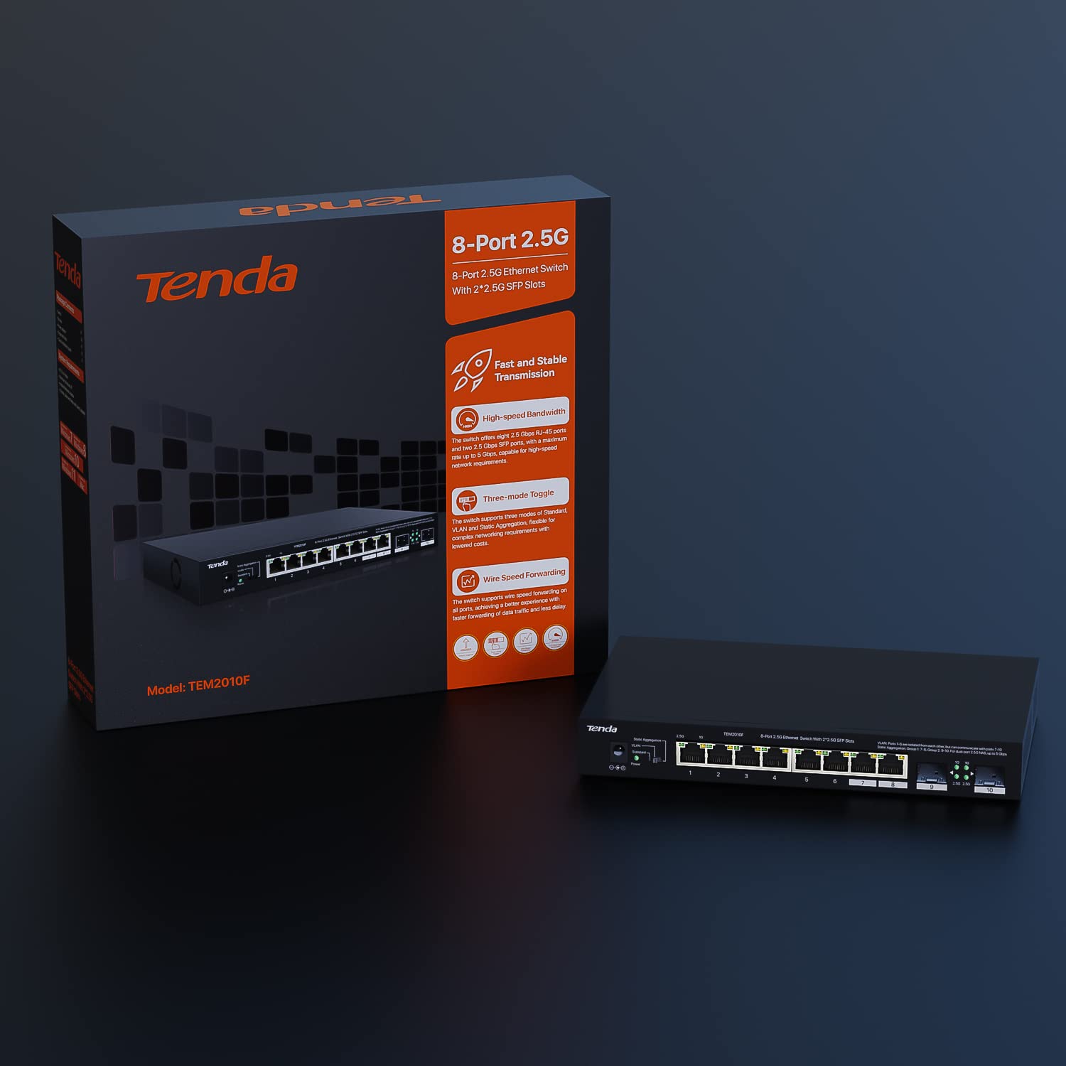 Tenda Switch 2.5 Gigabit, Switch Ethernet 2.5G 8 Ports, 2 Ports 2,5 Gbps SFP, Ports RJ45 2,5G, Ports SFP 2,5G, Support de Bureau et Mural, Compatible avec Ordinateur, NAS, AP Wi-FI 6 (TEM2010F)