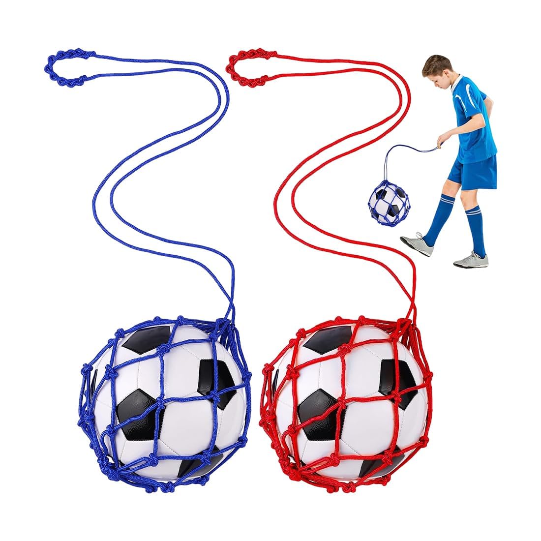 2-Piece Football Juggling Net, Solo Soccer Training Equipment and Kick Trainer for Ball Control Practice, Red and Blue-image-0