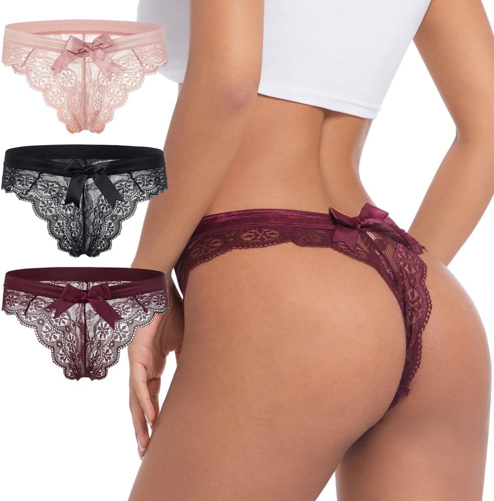 Women Lace Bow Thongs,T Back Low Waist Panties Sexy V-Shape Design Floral Lace,Breathable Panties for Women 3-Pack - Image 6