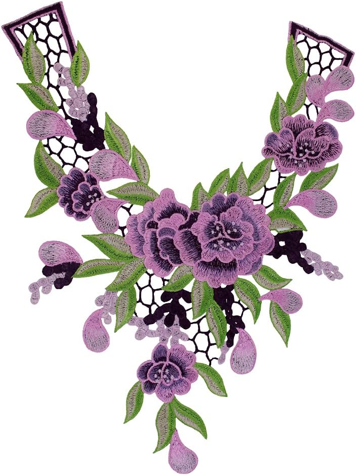 1pieces Embroidered Venise Lace Neckline Collar Violet Floral Green Leaf Applique Patches Scrapbooking Embossed Sewing T1335