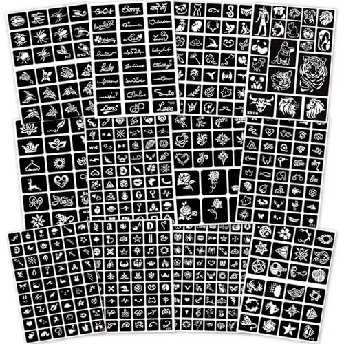 423+ Tattoo Schablone Kit, 12 Blatt Henna Schablonen Wiederverwendbare Temporäre Tattoo Schablonen für Frauen Mädchen Teens Face Paint Body Art Glitter Tattoo Schablonen
