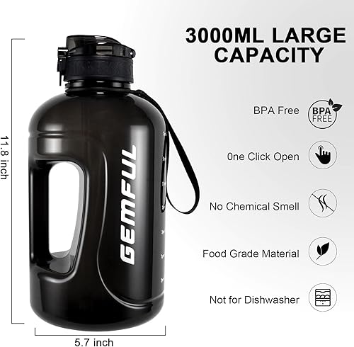 Miniatura 3 de GEMFUL Botella de agua de 3L con popote y marcador de tiempo, jarra de agua grande motivacional, sin BPA, botella a prueba de fugas, 101 onzas para