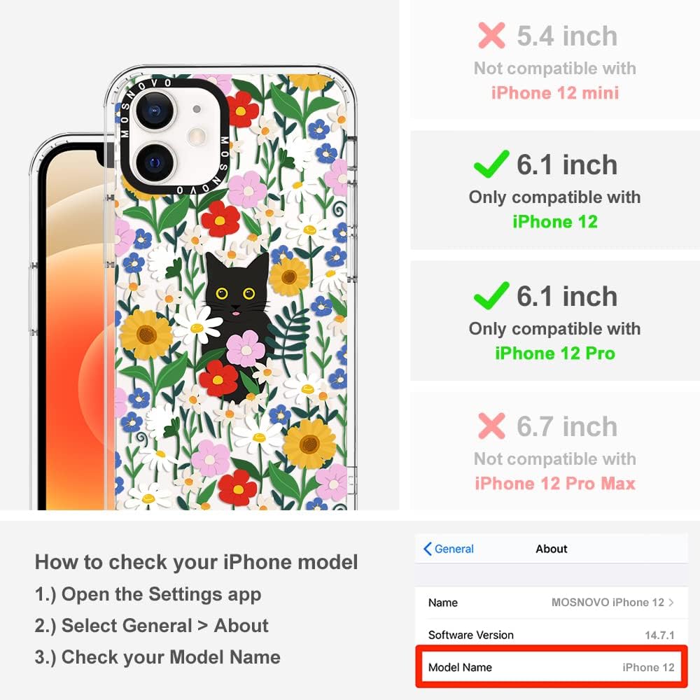 MOSNOVO Compatible with iPhone 12 Case, [Buffertech 6.6 ft Drop Impact] [Anti Peel Off Tech] Clear TPU Bumper Phone Case Cover Cute Black Cat in Garden Designed for iPhone 12/12 Pro 6.1"
