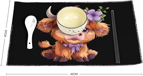 Miniatura 2 de Highland Cow with Purple Flowers Scottish Farm Placemats Set of 6 Resistant Table Mats Washable Place Mats for Dinner Party Table Decoration