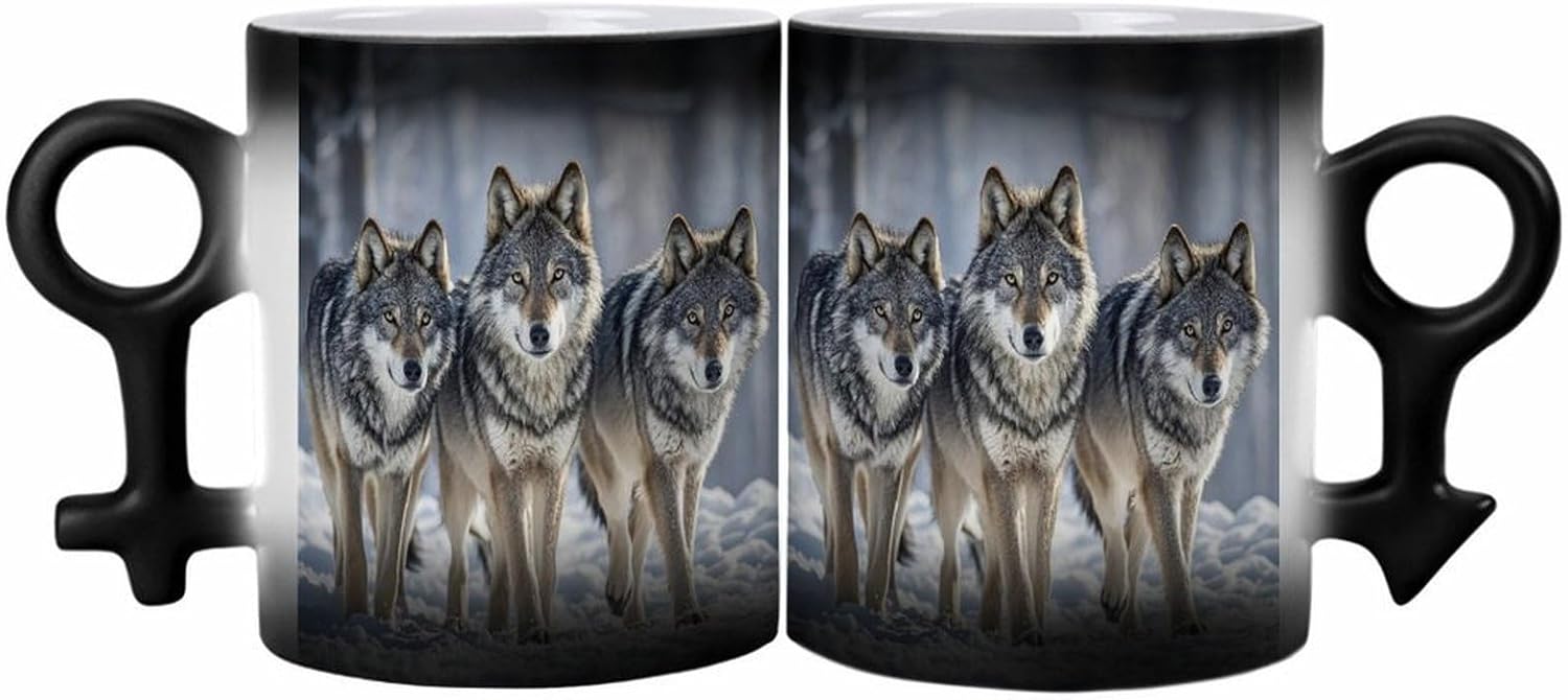 Pack of Wolves Couple Mug Set Personalized Color Changing Coffee Mug Heat Sensitive Ceramic Mugs for Couple Magic Coffee Cups Tea Couple Mugs for Gifts