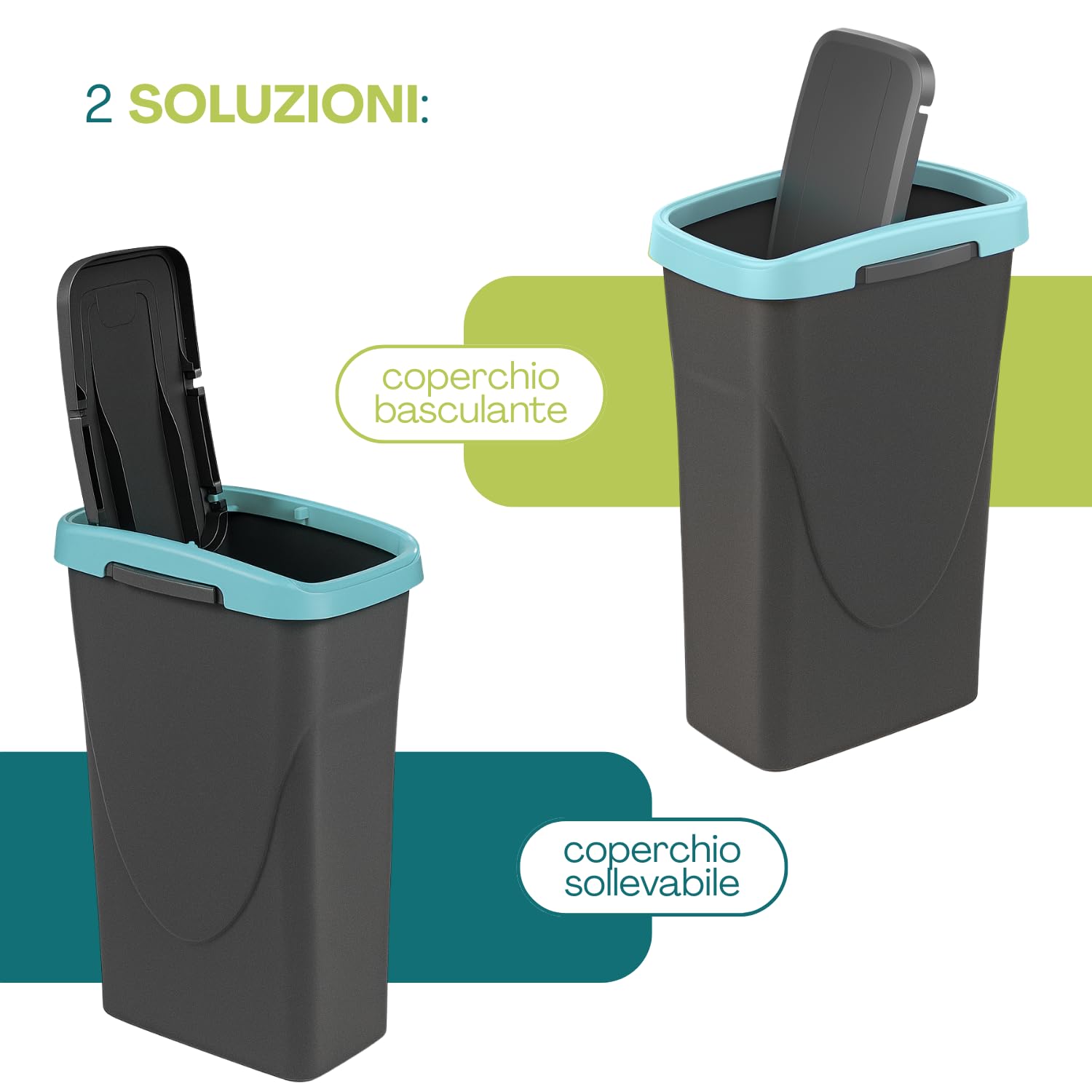 PALUPLUS Set 4 Pattumiere per Raccolta Differenziata da 25 Litri, Misura 24x37x51 cm, Secchi Neri Componibili con Coperchio Basculante, Dettaglio Verde, Giallo, Azzurro e Grigio -06C -4,4