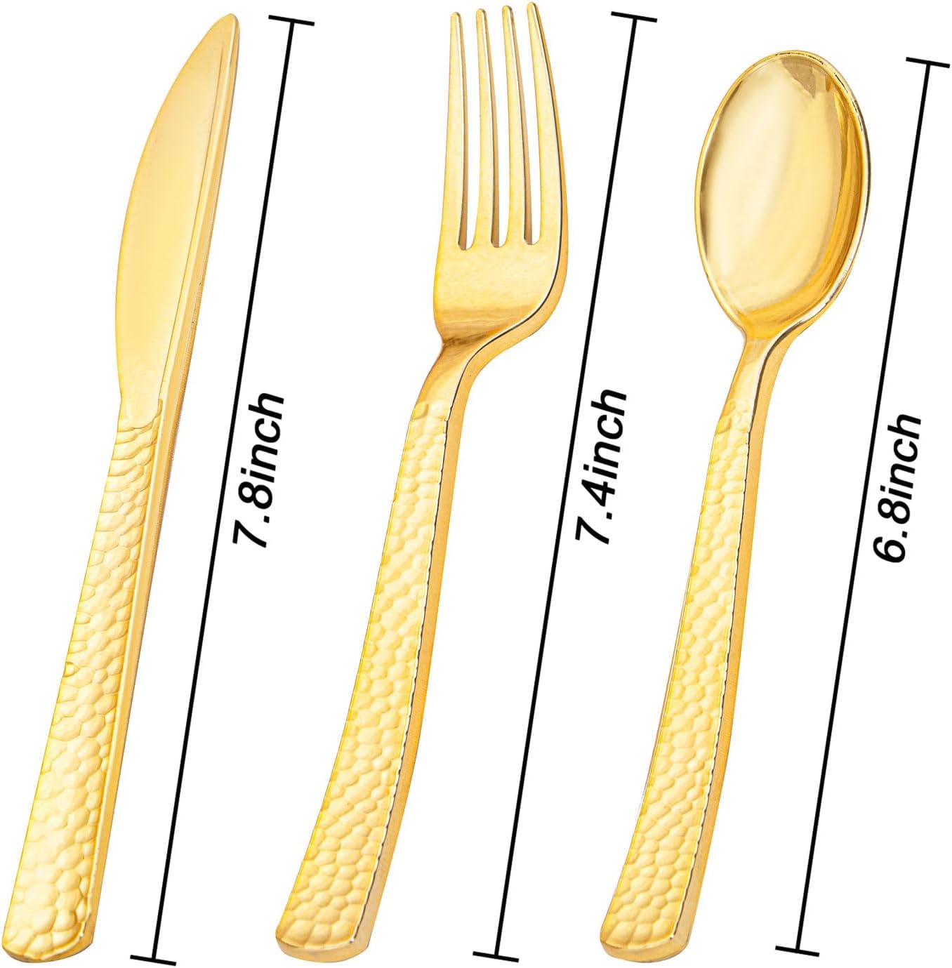 KIRE 400PCS Gold Plastic Silverware - Extra Heavy Duty Hammered Silverware Disposable Set, Gold Utensils Set Include 200 Forks,100 Knives,100 Spoons for Thanksgiving Party, Wedding - Image 10