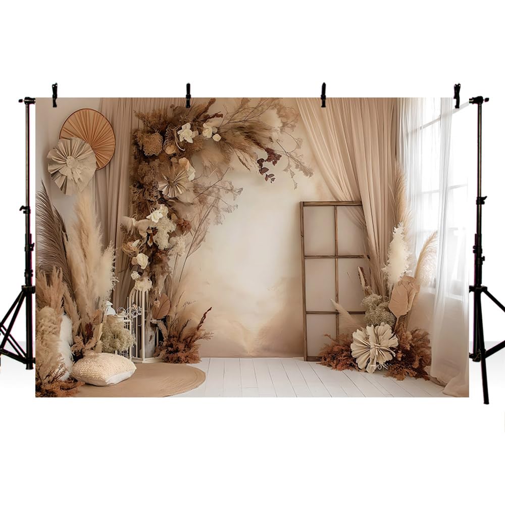 AIBIIN 3x2,1m Toile de fond florale bohème pour photographie de mariage, anniversaire, fête rétro, mur bohème, feuillage séché, pampa, décor de portrait de femme enceinte, fournitures photo