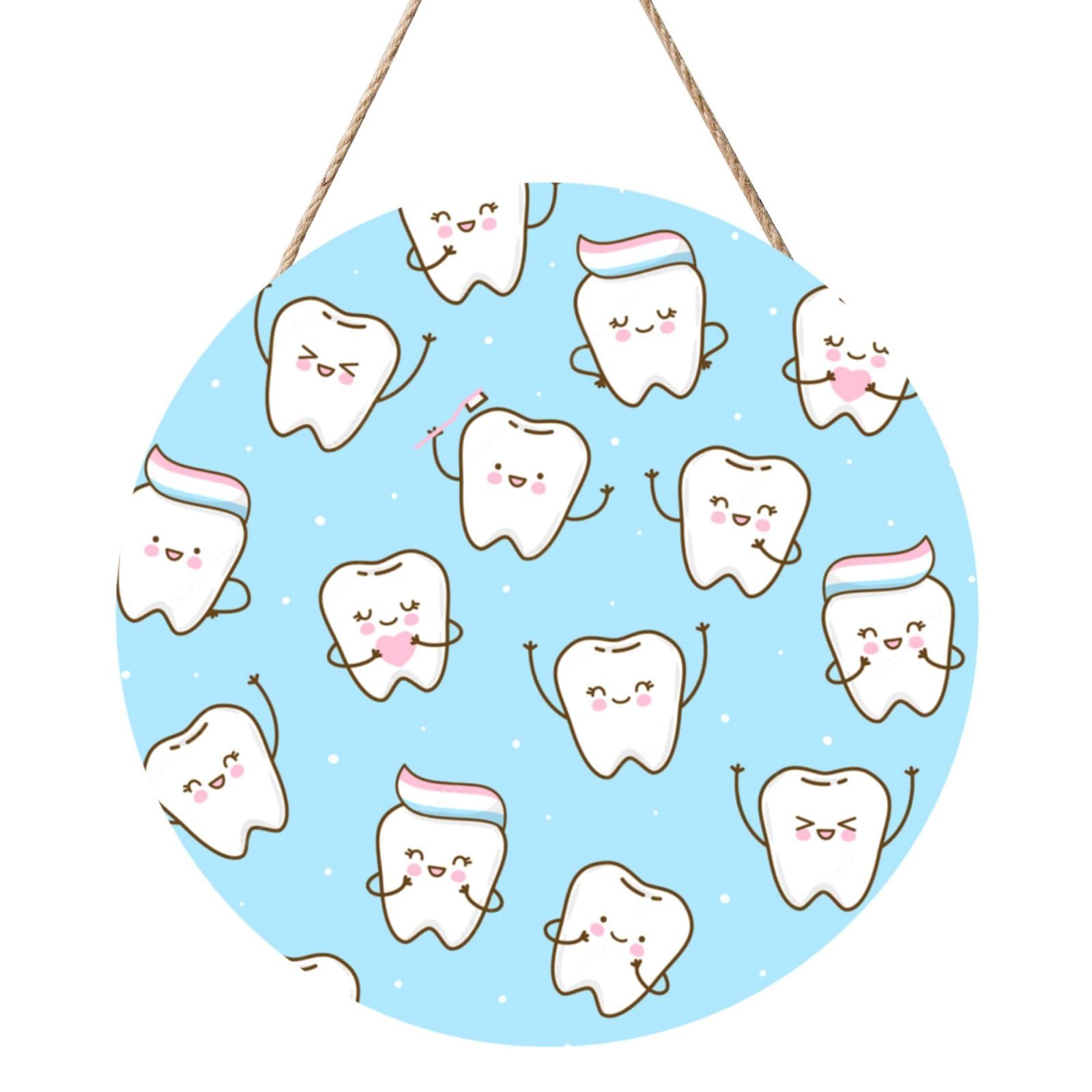 InOmak Cute Cartoon Teeth, Round Wood Panel Painting 12 in, Wall Hanging Painting For Home