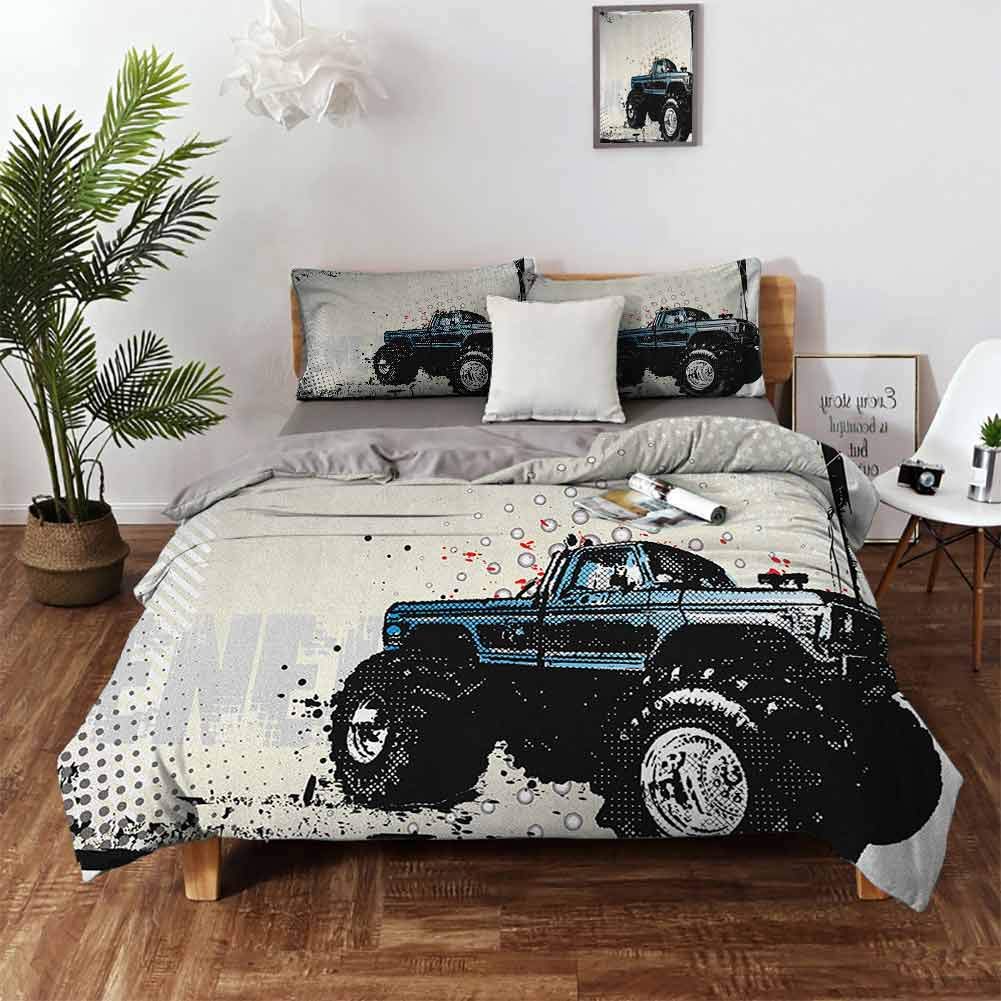 Mannwarehouse Truck Bedspread Coverlet Set, Bedding Sets 3 Pieces(1 Duvet Cover + 2 Pillow Shams) Double-Needle Durable Stitching Comfy - Twin 68"x90" Ivory Blue Black