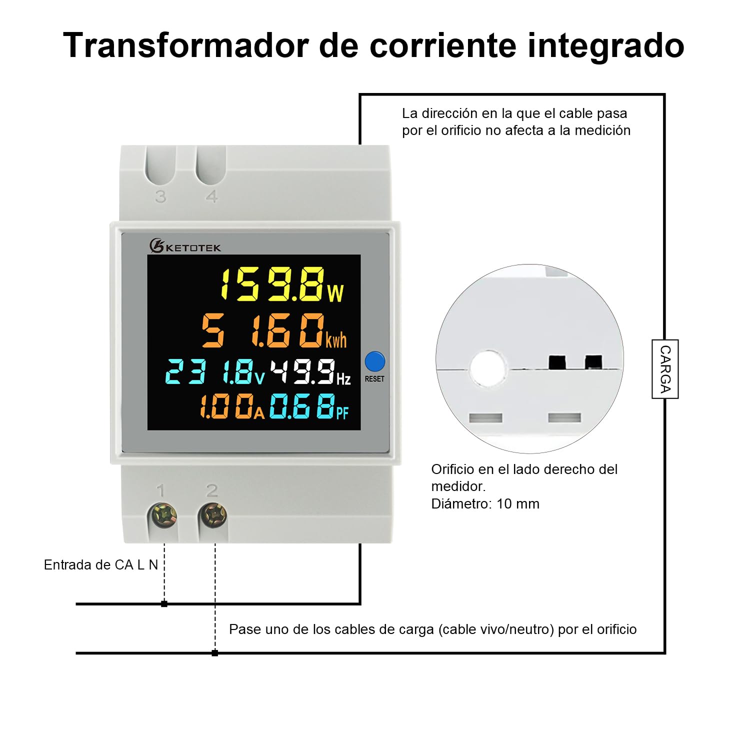 KETOTEK Medidor de Energía Digital 6 en 1 AC40-300V 100A Voltímetro Amperímetro Carril Din, Contador Eléctrico Monofásico Medición del Consumo de Voltaje Corriente Factor de Potencia Frecuencia