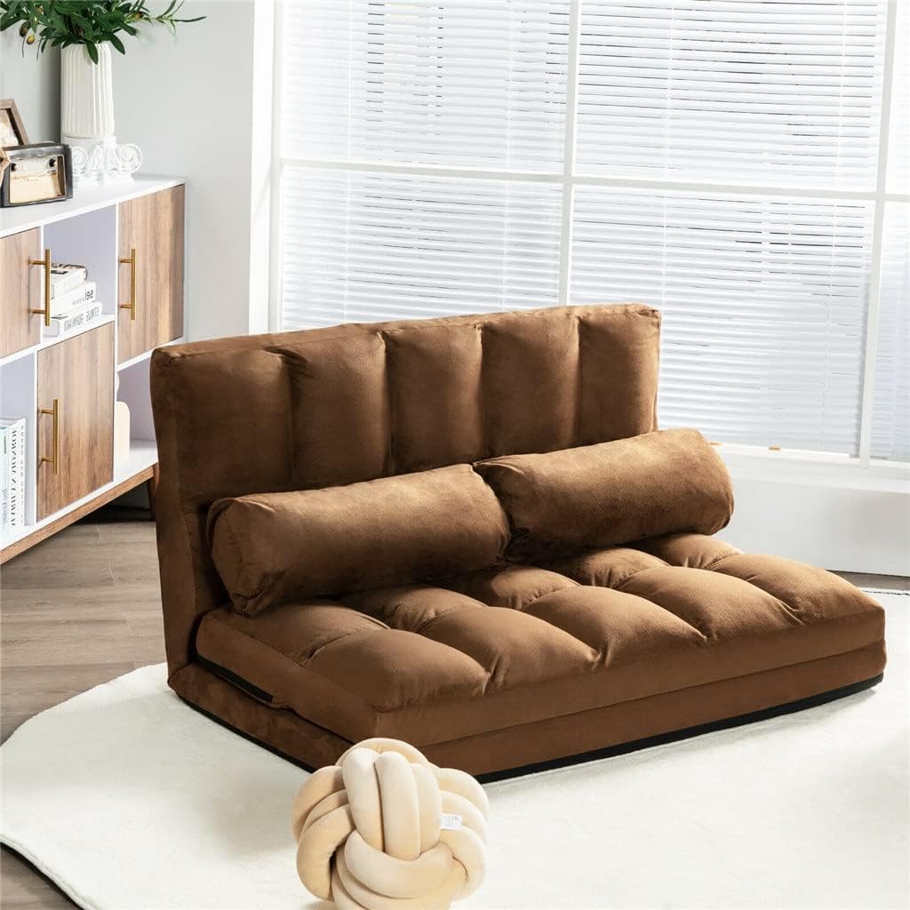 Foldable Floor Sofa Bed 6-Position Adjustable Couch with/ 2 Pillows Brown