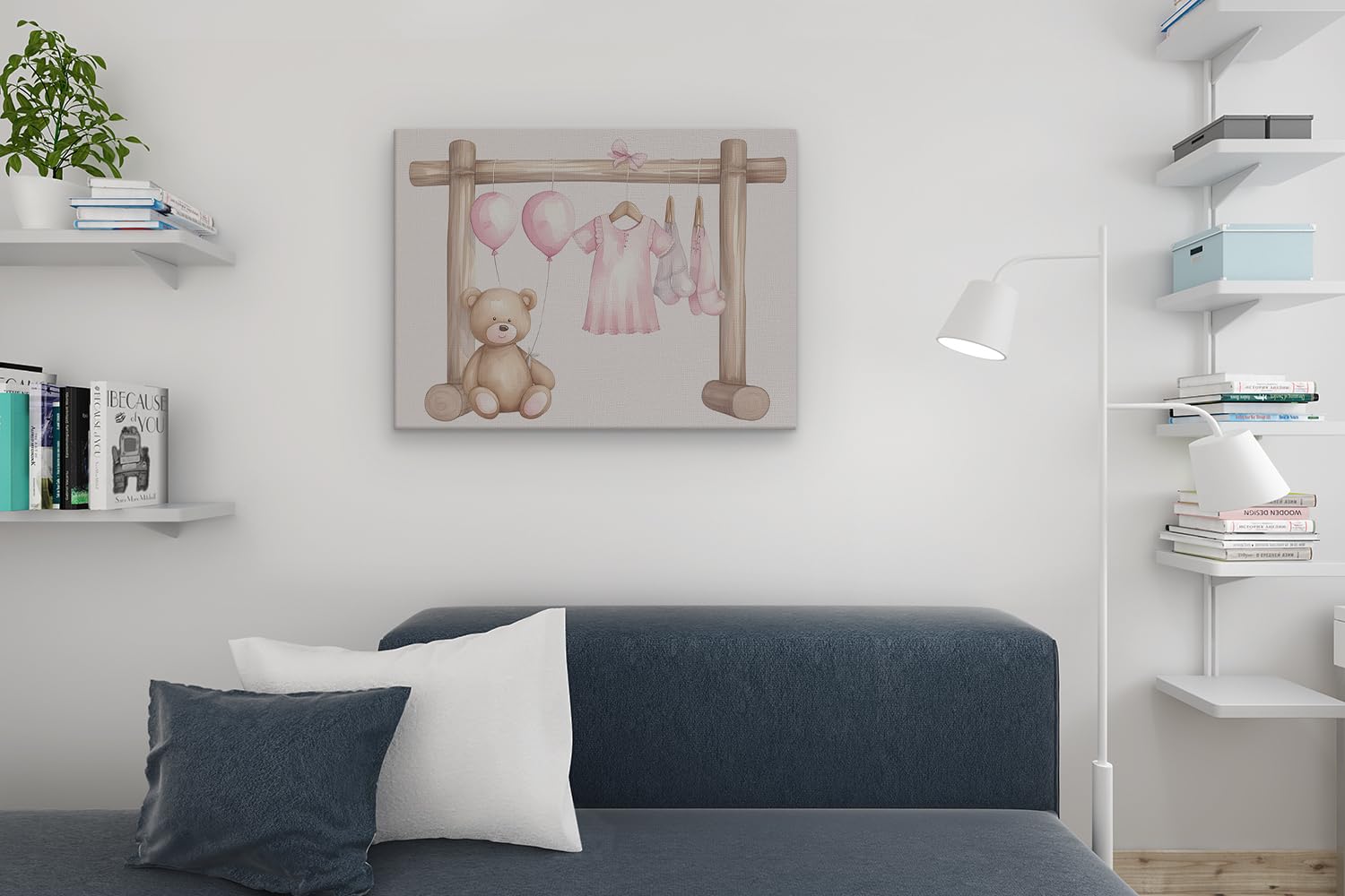Artaza Leinwand Bilder Baby Mädchen Kleidung Rosa - 80x60 cm - Wanddeko Kinderzimmer - Wandbilder Teddybär - Deko Luftballons - Rosa