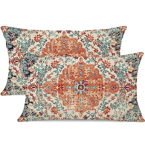Gujiahone Outdoor Waterproof Pillow Covers - 12X20 Inch Set of 2, Bohemian Vintage Carpet Pattern, Orange Blue Ethnic Design, Decorative Farmhouse for Couch, Garden, Balcony