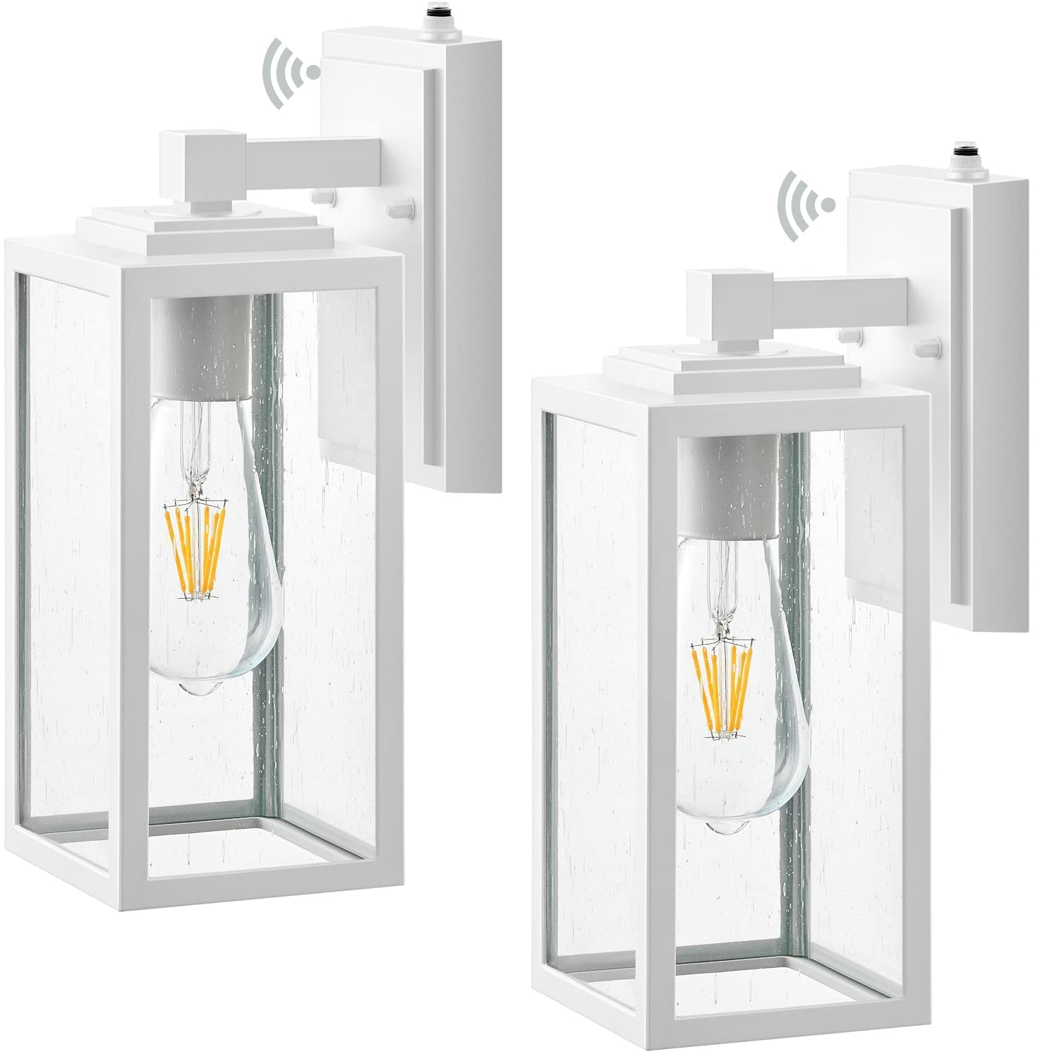 VIANIS 2 Pack White Dusk to Dawn Outdoor Wall Lantern, Waterproof Modern Outdoor Lighting Fixture Wall Mount for Garage, Anti-Rust Exterior Sconce Light with Tempered Seeded Glass for Entryway