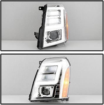 ACANII - For [HID/Xenon Model] 2007-2014 Cadillac Escalade Chrome LED Tube DRL Projector Headlights Pair Set Left+Right