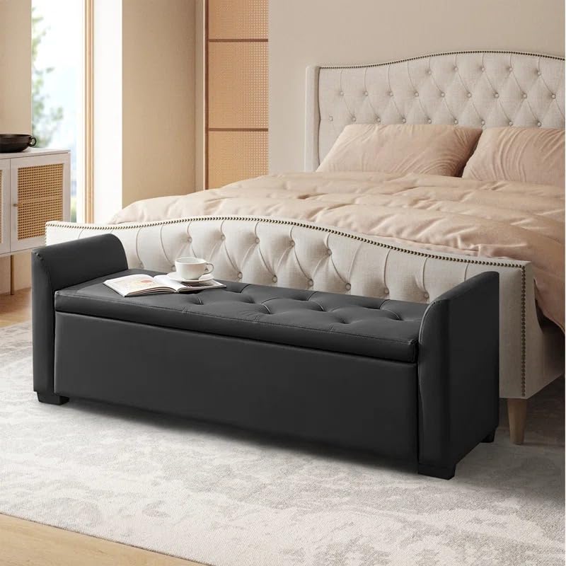 Image of Leather Upholstered Storage Ottoman Bench with Arms for Bedroom & Living Room | 3 Seater End of Bed Bench with Hidden Storage | Tufted Sofa Bench with Armrest, Entryway Seating Bench, Black
