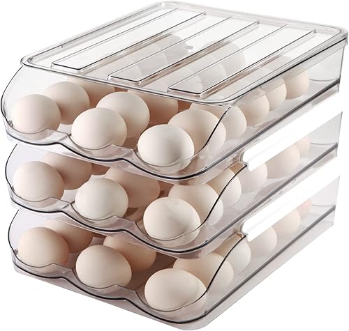 MesRosa Soporte para huevos de gran capacidad para refrigerador, contenedor de almacenamiento de huevos con ruedas automáticas para refrigerador,