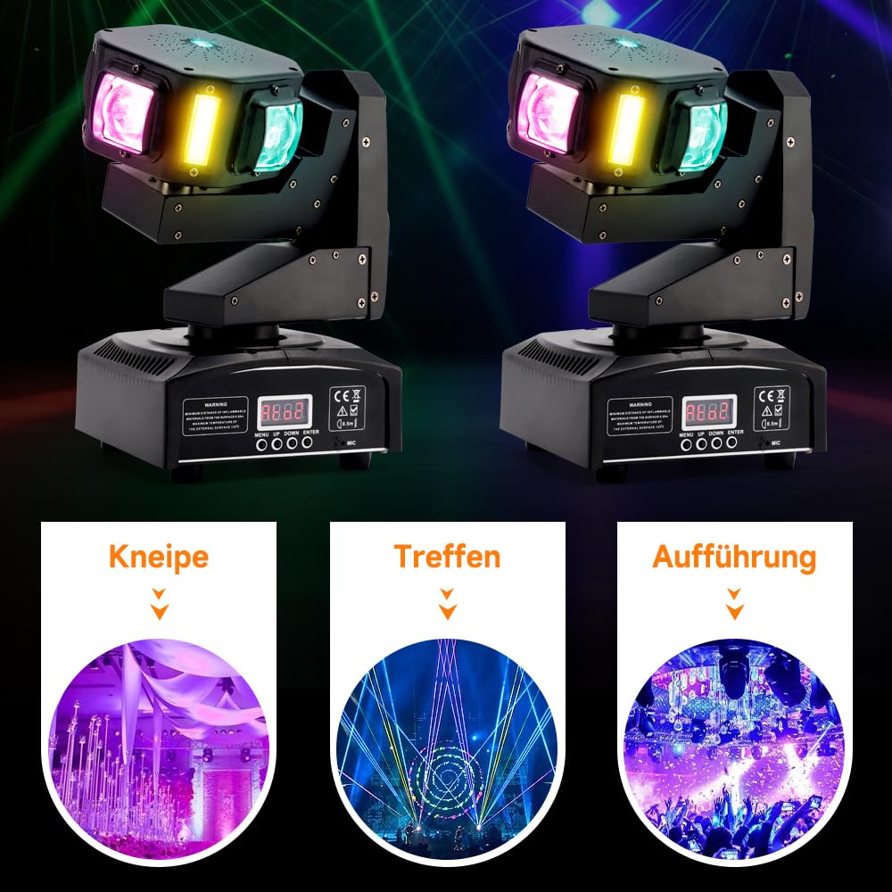 160W Disco DJ Licht Moving Head Led 2er Set 6LED,3-Achsen Beam Stage DMX Party Show Beleuchtung,CREE 4-in-1,Stroboskop,für Bühne,Konzert,Heimpartys DMX512,Master/Slave,Voice Control