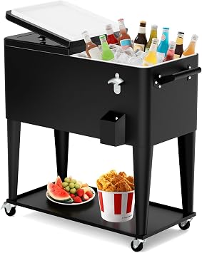 80 Quart Rolling Ice Chest Cart, Portable Outdoor Beverage Cooler with Bottle Opener & Cap Collector & Storage Shelf for Patio Party & BBQ & Beach Activities