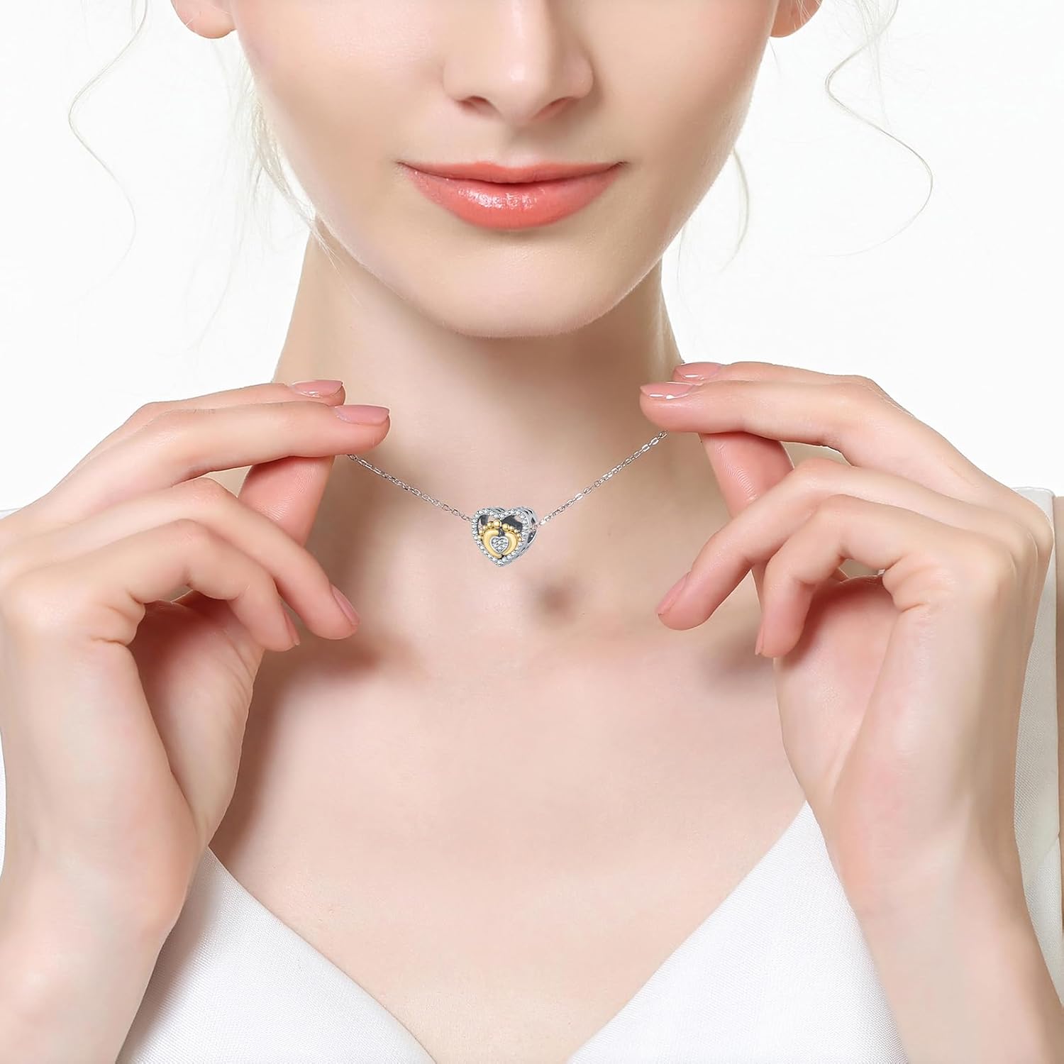 Two Tone Footprint Heart Charm Sparkling CZ Bead Compatible with Pandora Bracelet Mom Gift - Image 5