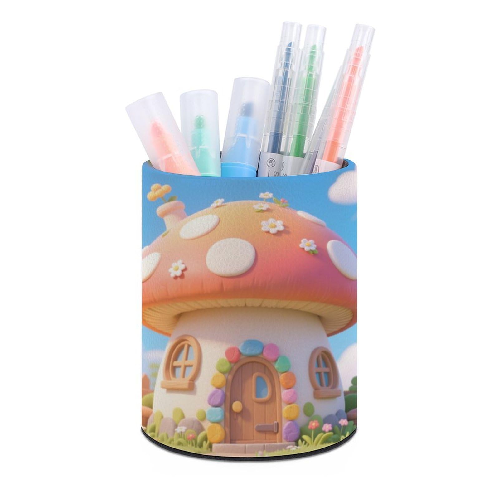 DWVTSLH Aesthetic Pen Holder for Desk - Modern Leather Pencil Holder - Stylish Round Makeup Brush Holder - Cute Mushrooms Pen Cup Cute And Functional Desk Organizer for Office Supplies