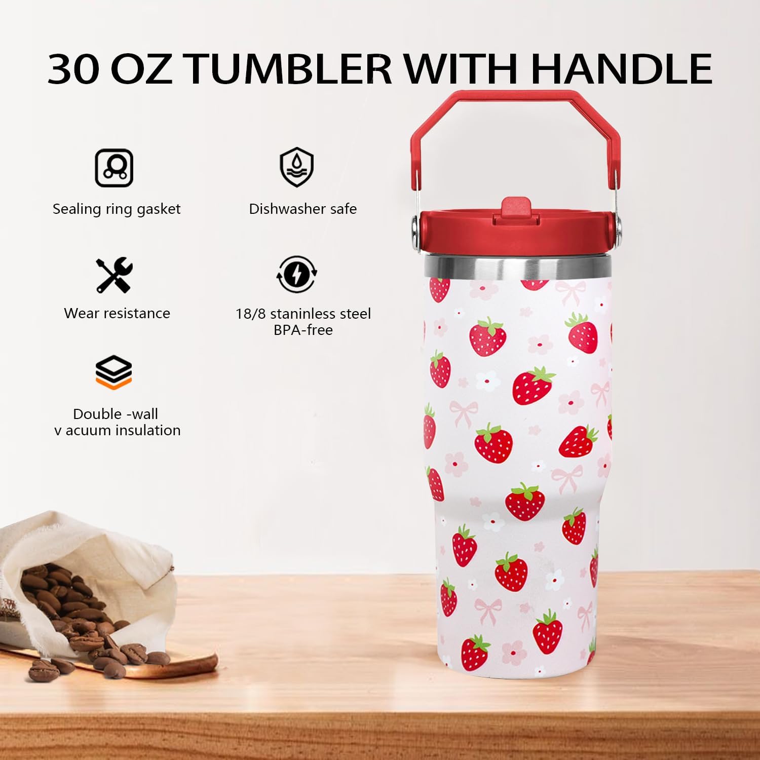 30oz Strawberry Flip Tumbler With Handle Lid and Straw,Strawberry Floral Coffee Mug Cup Water Bottles,Strawberry Themed Gifts for Women，Strawberry Decor Stuff Accessories - Image 3