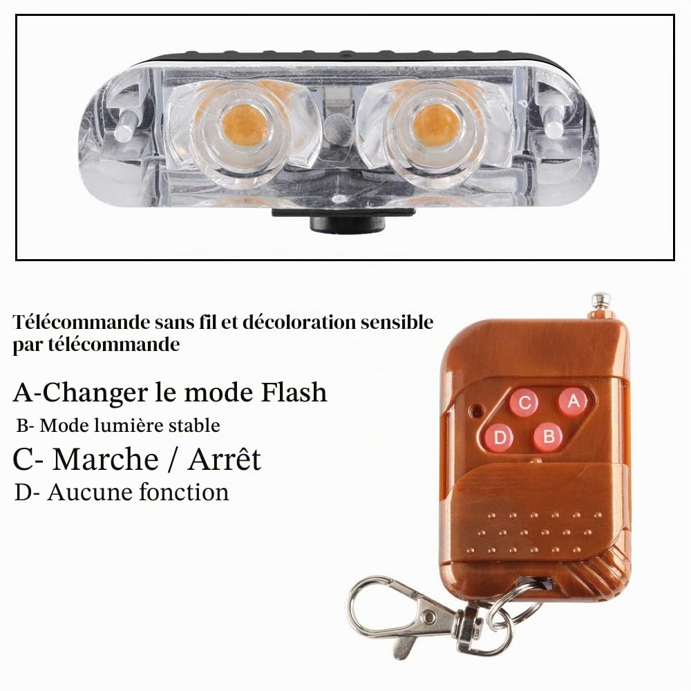 8 in 1 LED Lumières Stroboscopiques D'urgence pour Camion Véhicule Avertissement Clignotant Grille de Guide Flash DRL Police Voiture Moto DC12V Télécommande Sans Fil (Ambre)