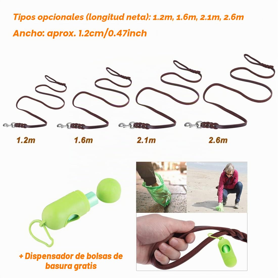 Correa de Perro de Cuero para Perros Grandes/Medianos/Pequeños, Trenzado de Cuero Genuino para Entrenamiento de Caminar, para Aventuras al Aire Libre, Senderismo, Camping, Marrón (2.6 m)