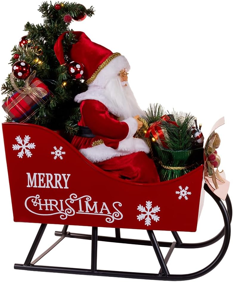 Kurt Adler 24-inch Battery Operated Musical LED Santa in Metal Sleigh Table Piece