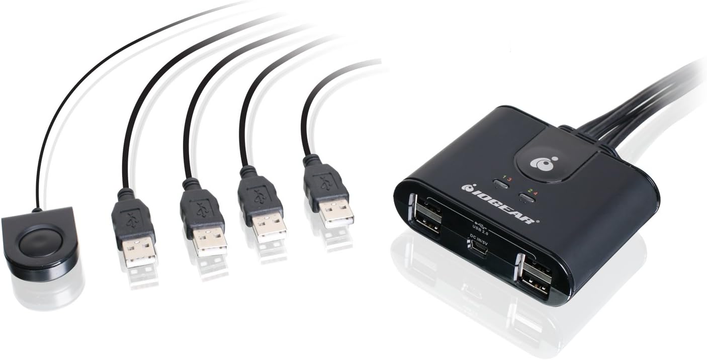 IOGEAR USB 2.0 4x4 Peripheral Switching Hub - 4 PC Share To 4 USB Devices - Up To 480Mbps - Mobile Devices Charging - Mouse/Keyboard - Printer - Scanner - EX HD & More-LED Indicators w/Remote - GUS404