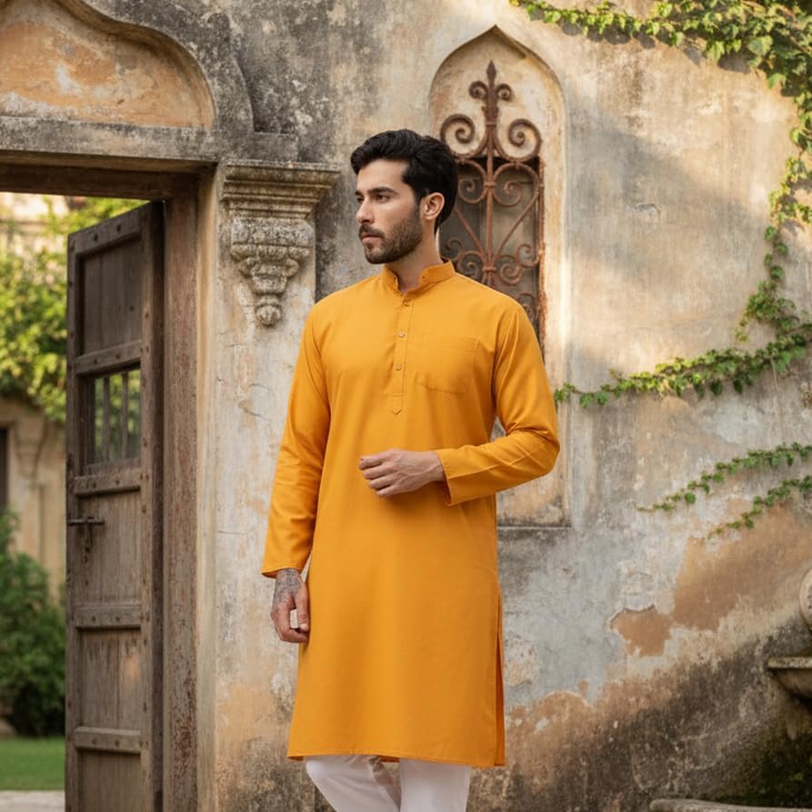 Image of Sadree Men's Cotton Long Solid Color Plain Knee Length Mandrin Collor Full Sleeve Ethnic Kurta Only
