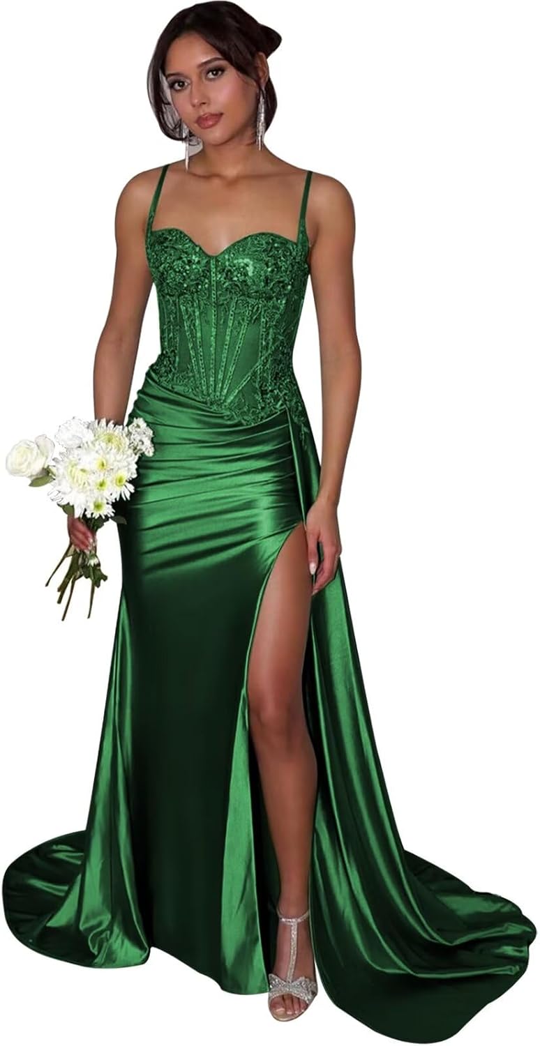 Mermaid Prom Dresses for Women Beaded Velvet Sweetheart Long Formal Evening Dress with Slit