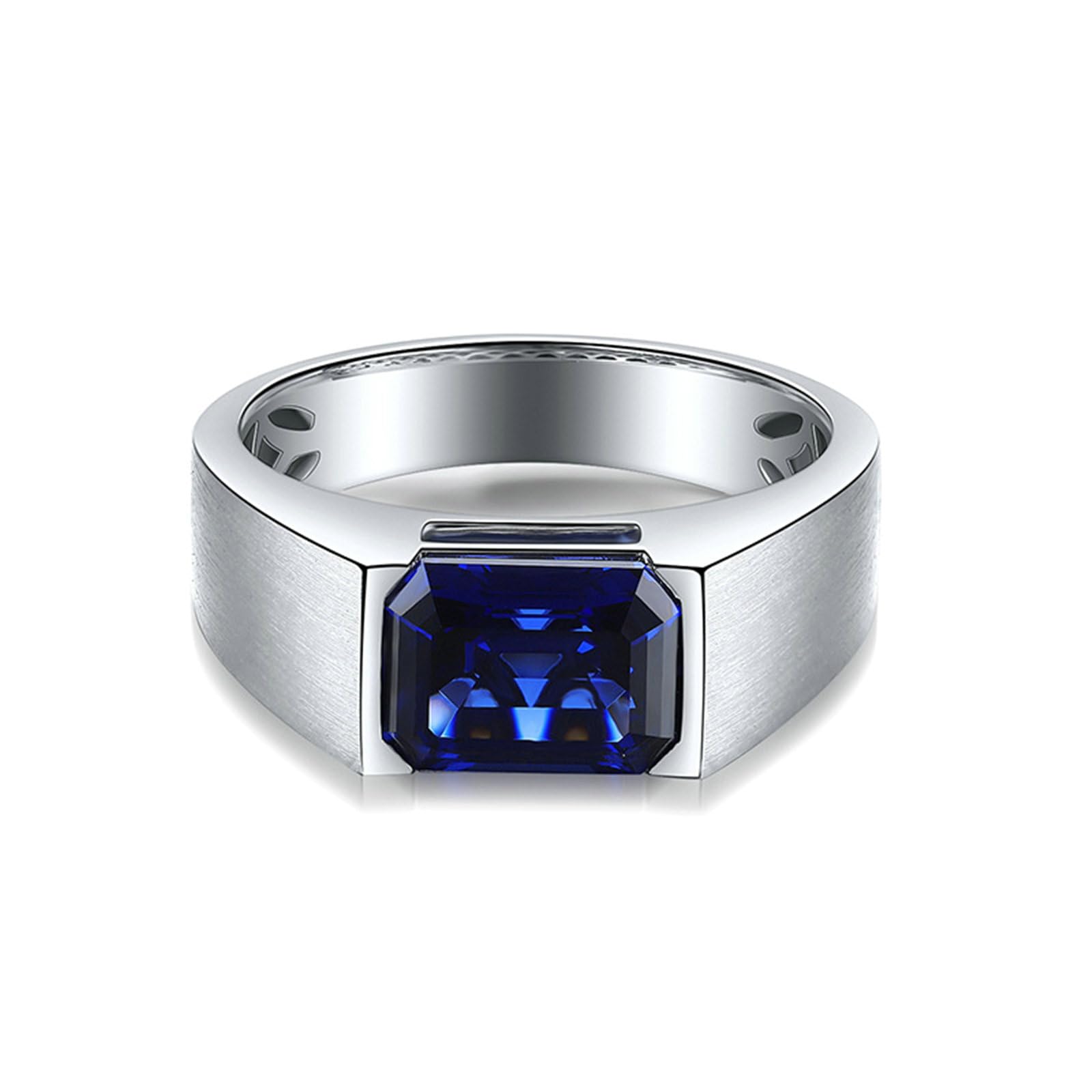 Anelli Uomo Matrimonio, Anello Uomo Oro Bianco 14Kt Zaffiro Sintetico Rettangolare da 3.51ct Solitario Opaco Anelli Fidanzamento Oro Bianco per Promessa