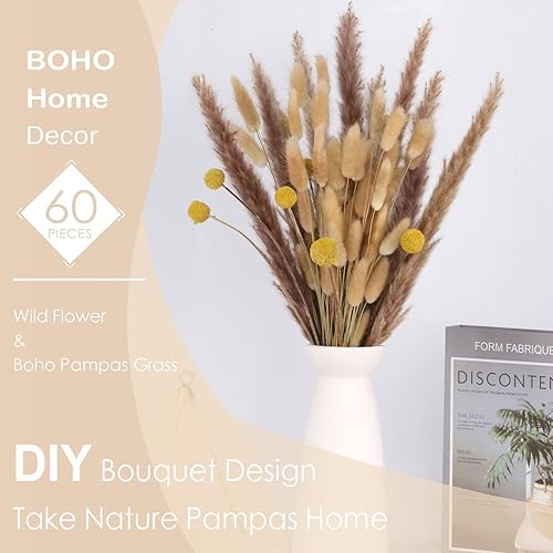 Miniatura 3 de JINBAIZHENG 60 ramos de flores de hierba de las pampas, 40 colas de conejo, 10 unidades, hierba de junco, 10 bolas doradas, flores secas naturales