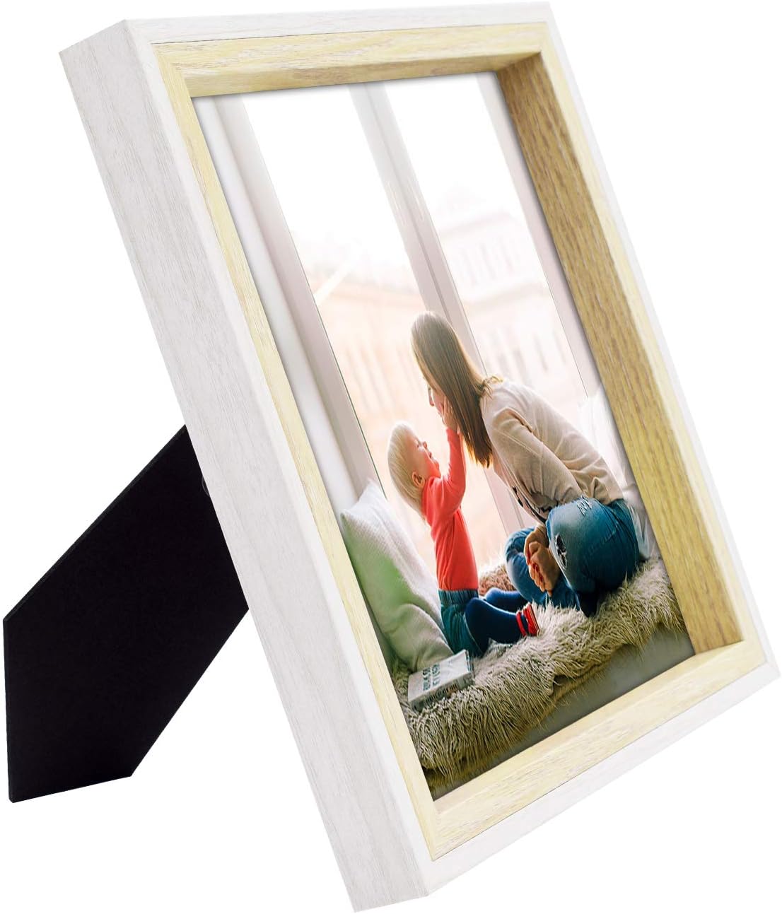 Golden State Art, 8x8 Tall/Split Molding Picture Frame, Includes Easel for Tabletop Display and Sawtooth Hangers for Wall Display Excellent for Weddings, Events, Memories (White/Beige, 2 Pack)
