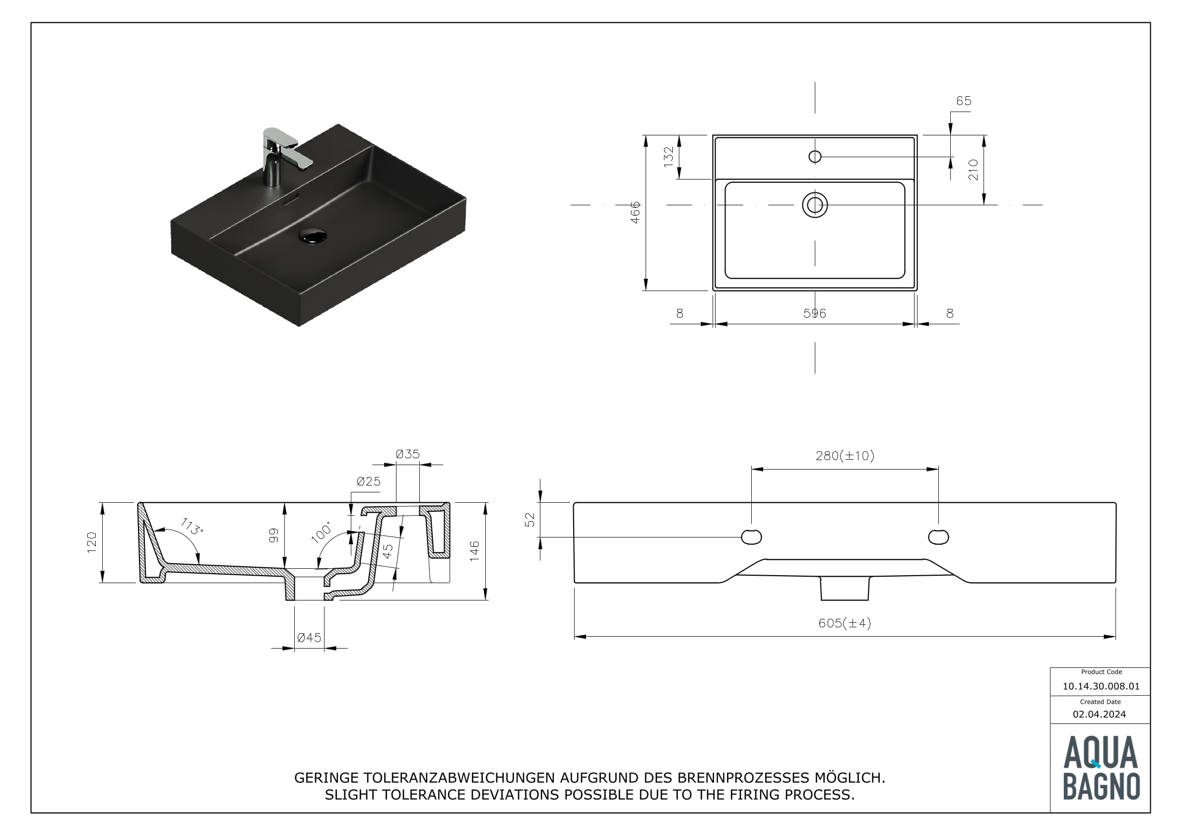 Aqua Bagno Waschbecken Schwarz Matt 60 cm, Keramik Aufsatzwaschbecken fürs Bad, rechteckiger Waschtisch mit Hahnloch, Waschplatz, modernes Waschbecken zur Wandmontage, für Badezimmer und Gäste WC