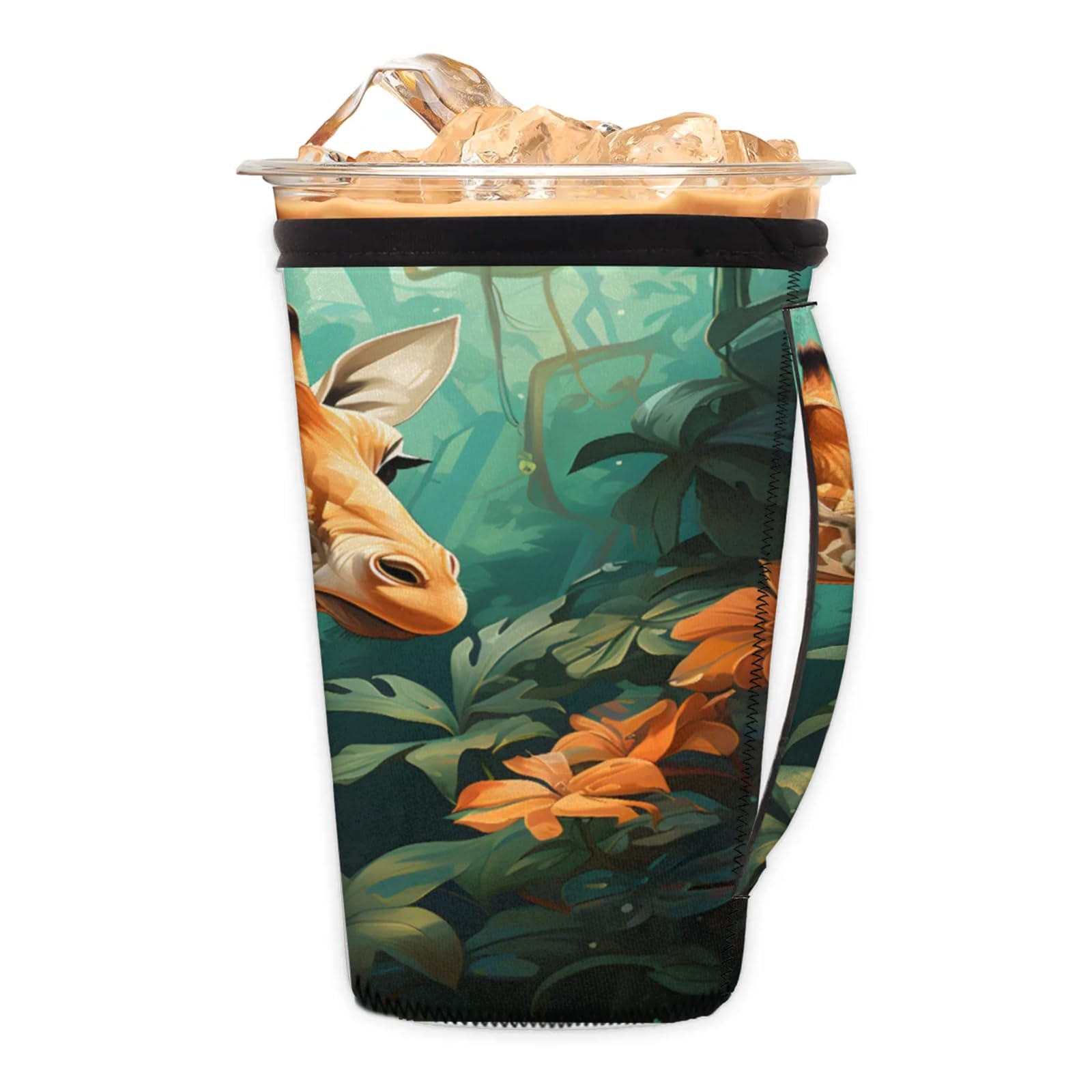 Forest Giraffe Reusable Neoprene Coffee Sleeve with Handle Insulated Iced Coffee Cup Holder Reduces Condensation Fits 24-28 oz Cups M