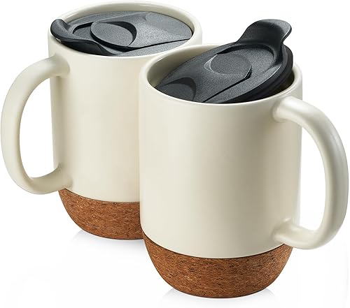 DOWAN Juego de 2 tazas de café, tazas de cerámica de 15 onzas con parte inferior y tapa de corcho, taza de café grande con asa, juego de tazas de